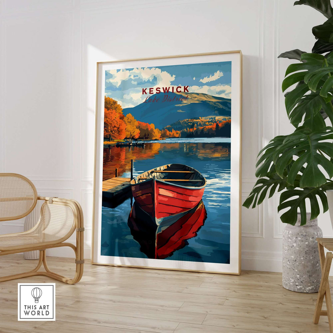 Keswick Print showcasing a vibrant boat on tranquil Lake District waters, capturing stunning autumn scenery.