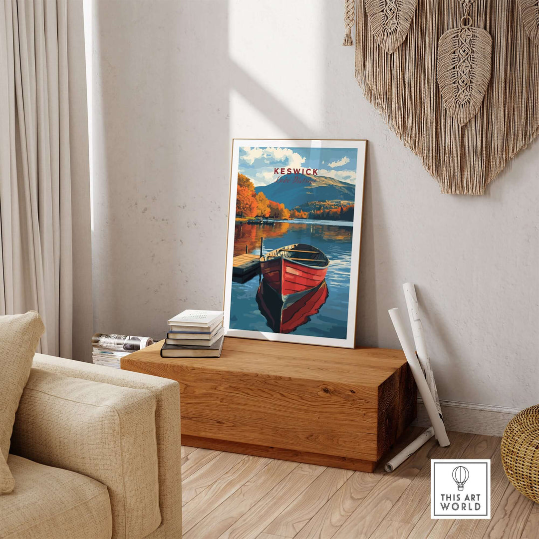 Keswick Print showcasing vibrant Lake District scenery with a boat on a serene lake, perfect for home decor.