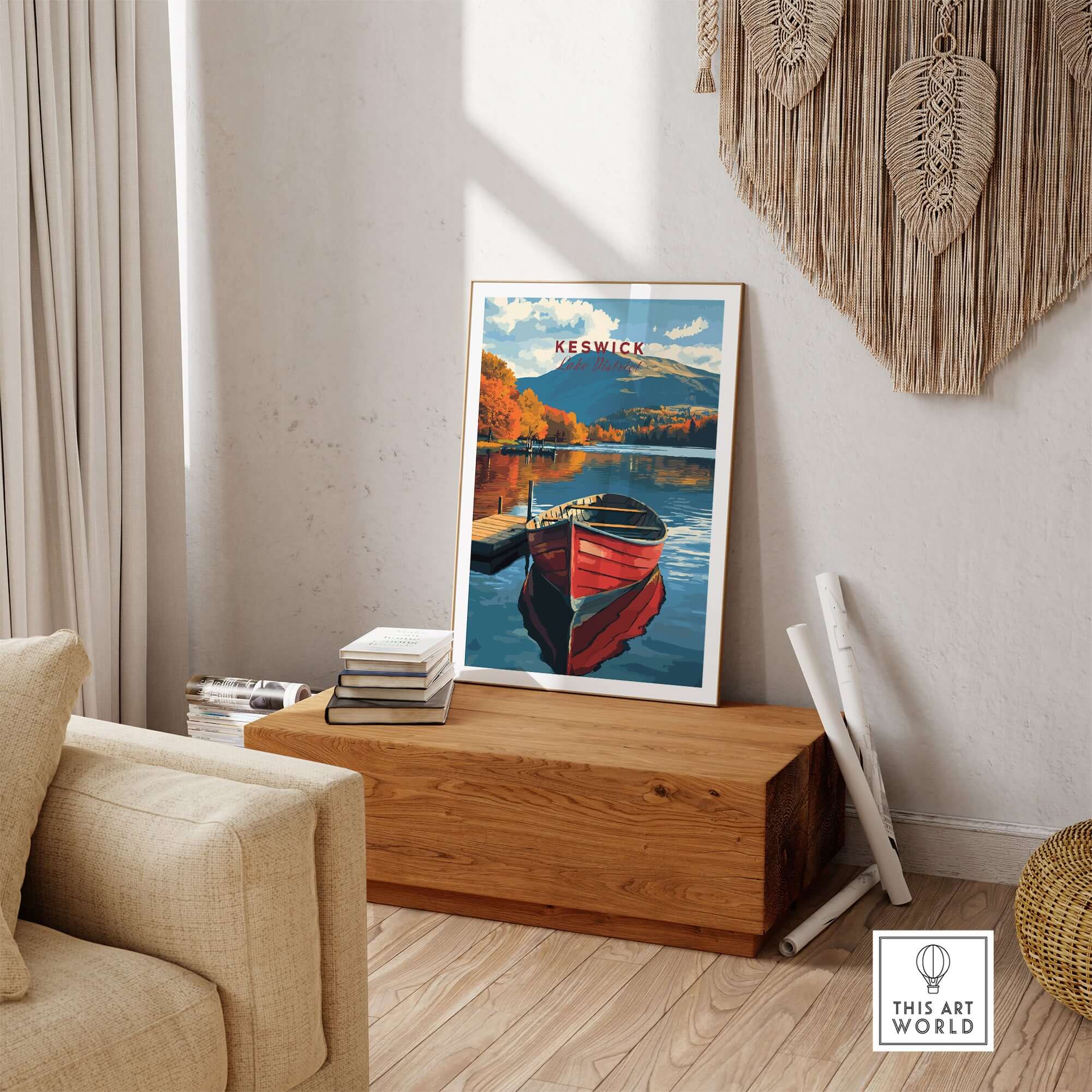 Keswick Print featuring a vibrant boat on a serene lake, capturing the beauty of the Lake District.