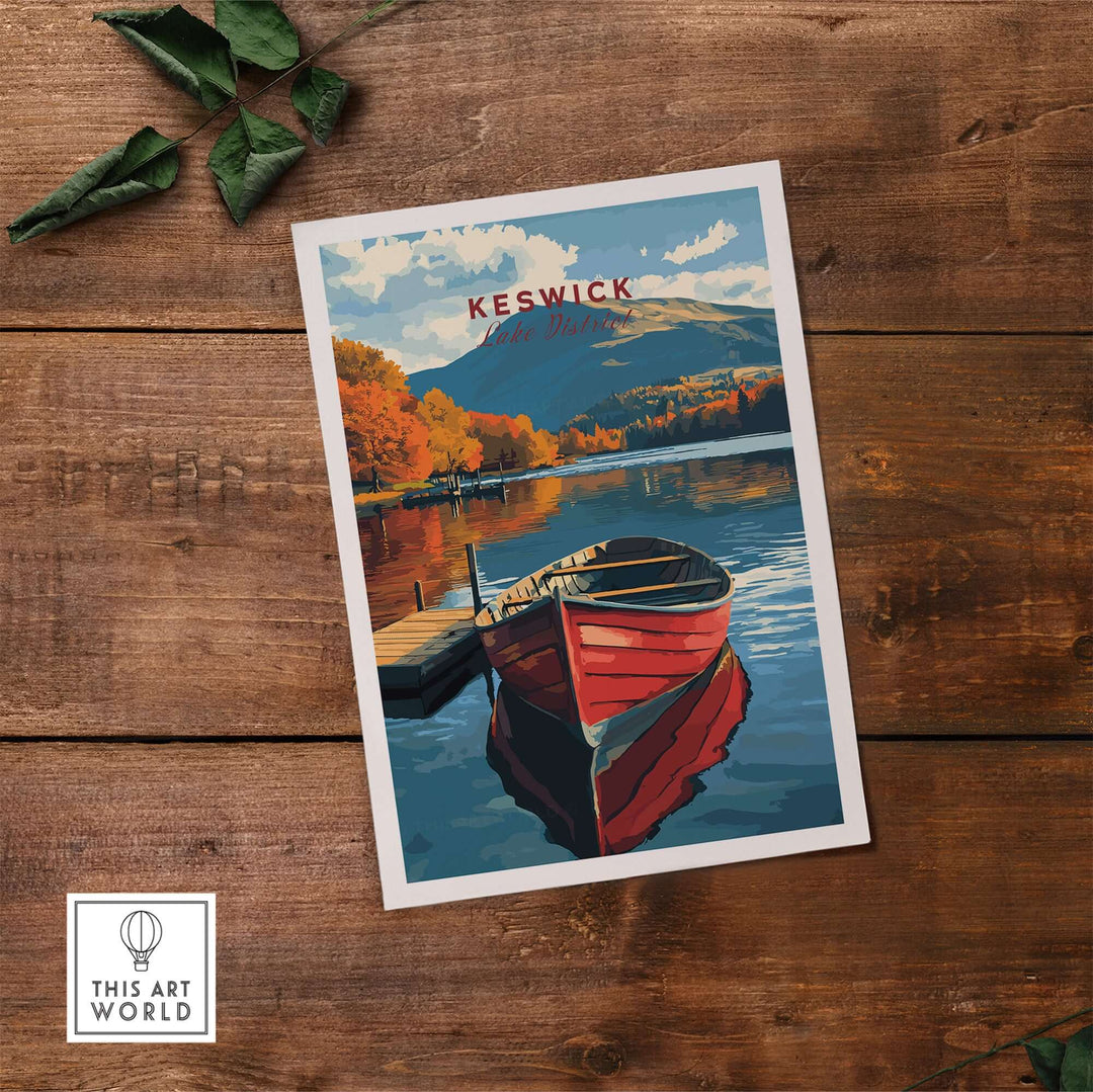 Keswick Print showcasing a vibrant red boat on a serene lake with autumn scenery, capturing the essence of the Lake District.