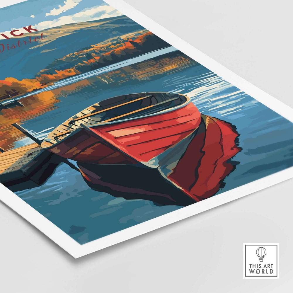 Keswick Print featuring a vibrant red boat on serene water, capturing the essence of the Lake District's natural beauty.