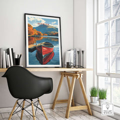 Keswick Print featuring a vibrant lakeside scene with a red boat, showcasing the beauty of the Lake District.