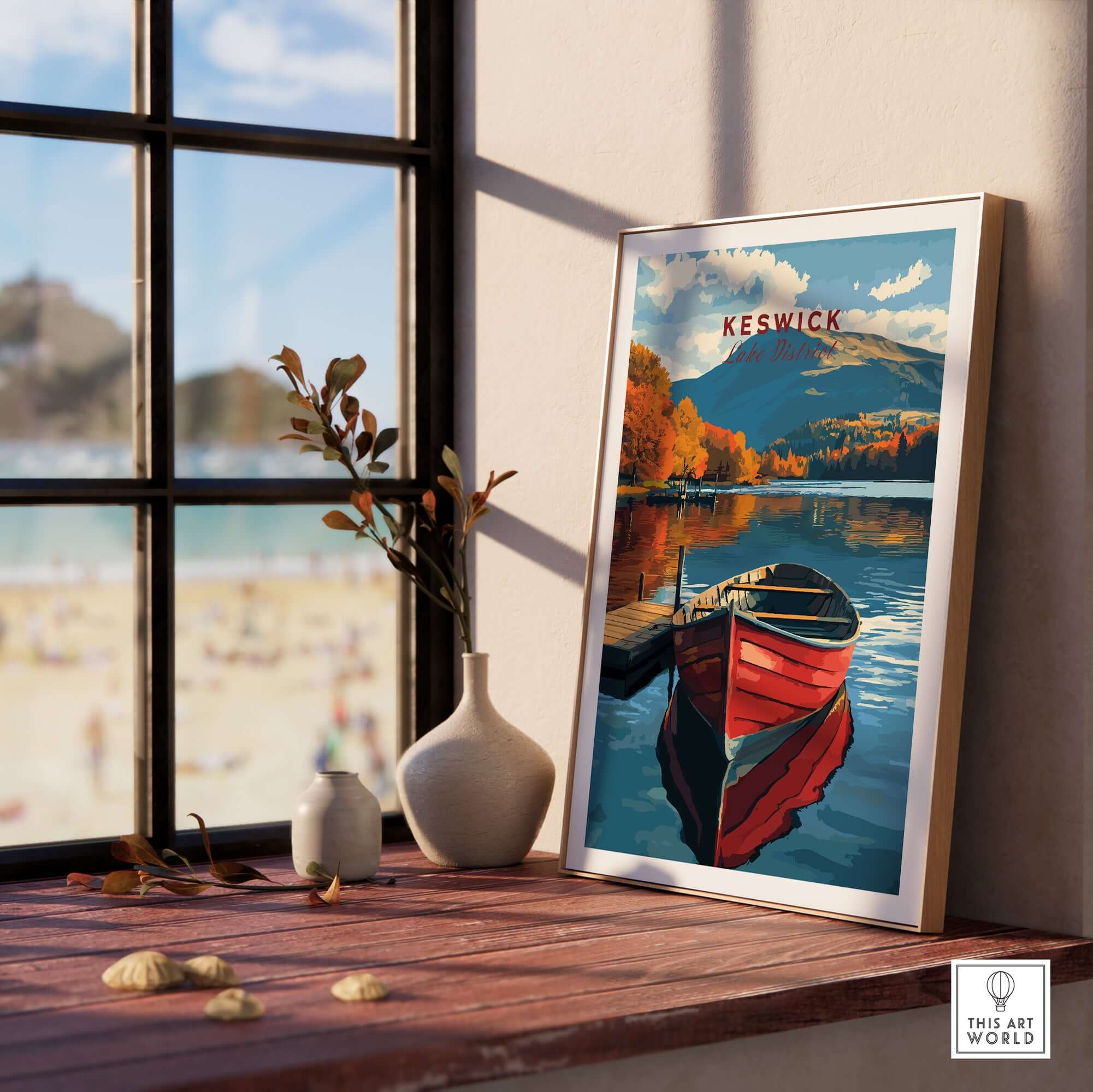 Keswick Print showcasing a vibrant boat scene by the Lake District, capturing stunning colors and scenery.