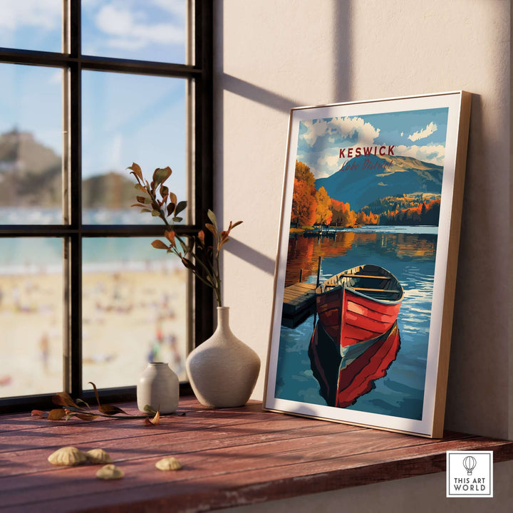 Keswick Print featuring vibrant Lake District scenery with a red boat, capturing the essence of tranquil nature.