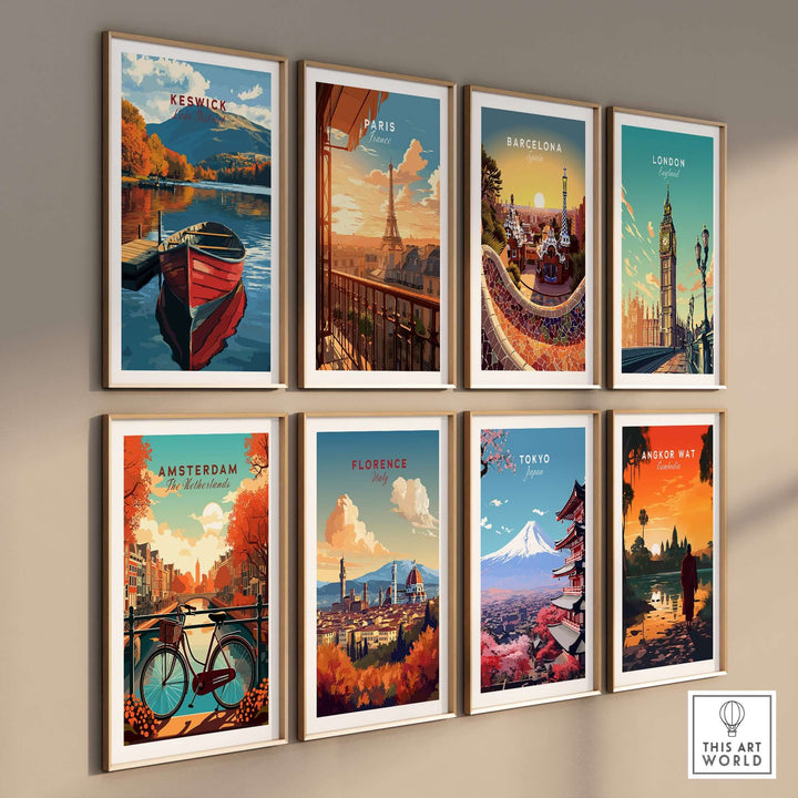 Gallery wall featuring city prints including Keswick, Paris, Barcelona, London, Amsterdam, Florence, Tokyo, and Angkor Wat.