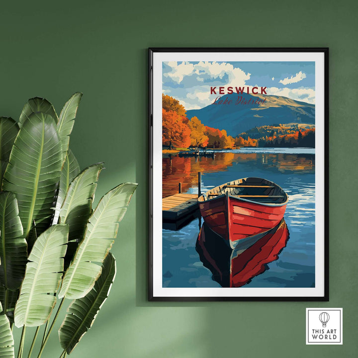 Keswick Print artwork featuring a red boat on a serene lake with vibrant autumn scenery.