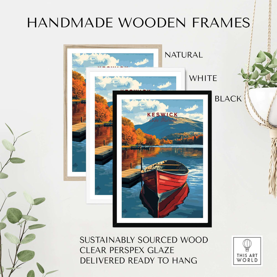 Handmade wooden frames in natural, white, and black finishes showcasing a vibrant Keswick Print.