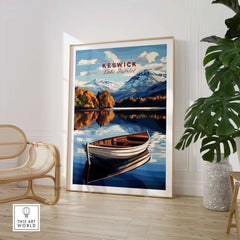 Keswick Print Lake District showing a serene landscape with a boat and vibrant colors in a home setting.
