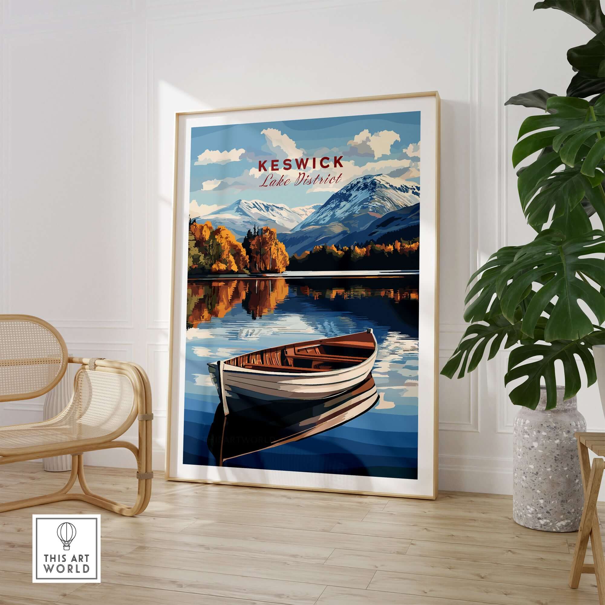 Keswick Print Lake District showing a serene landscape with a boat and vibrant colors in a home setting.