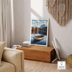 Keswick Print Lake District displayed in a stylish interior with a serene lake and mountains in view.