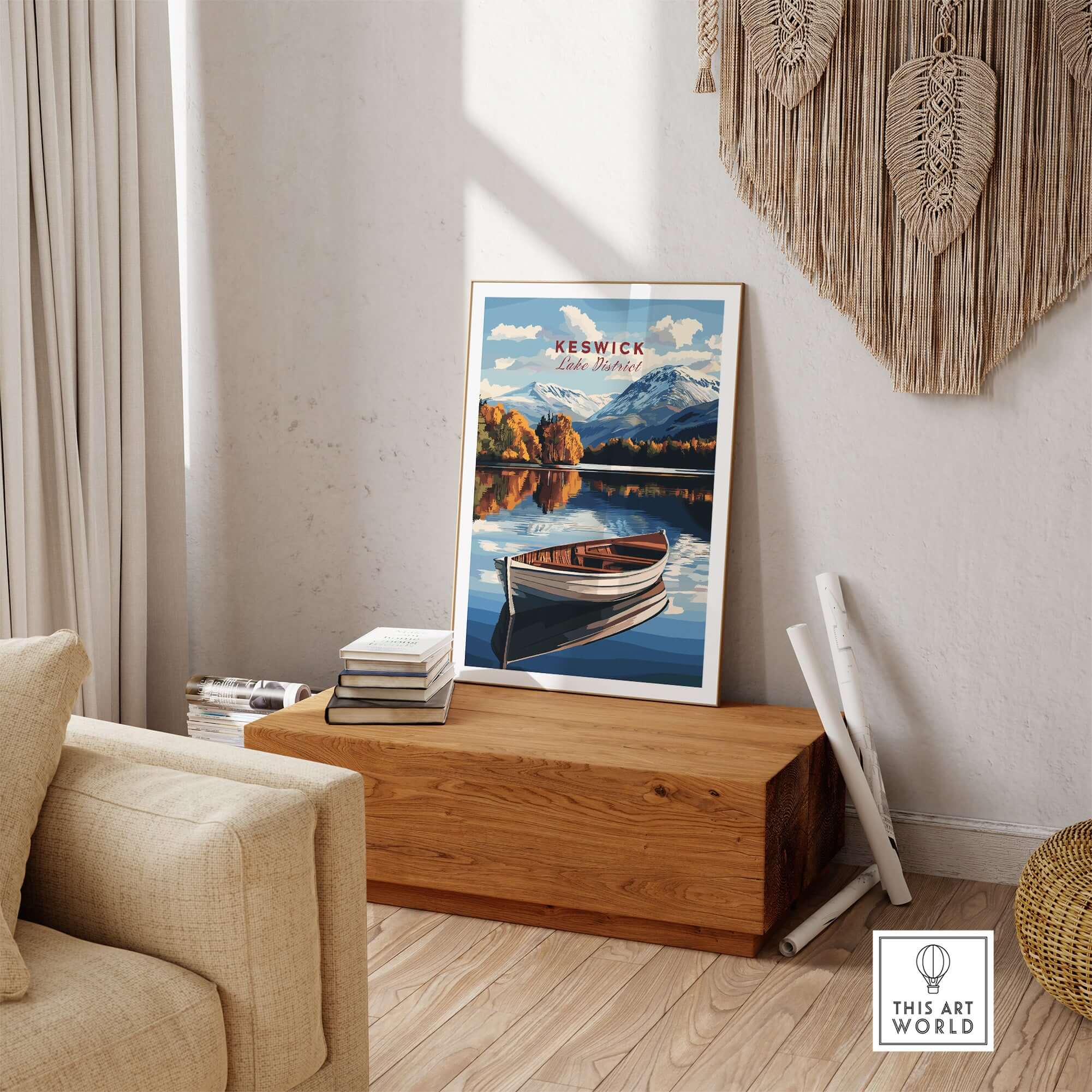 Keswick Print Lake District displayed in a stylish interior with a serene lake and mountains in view.