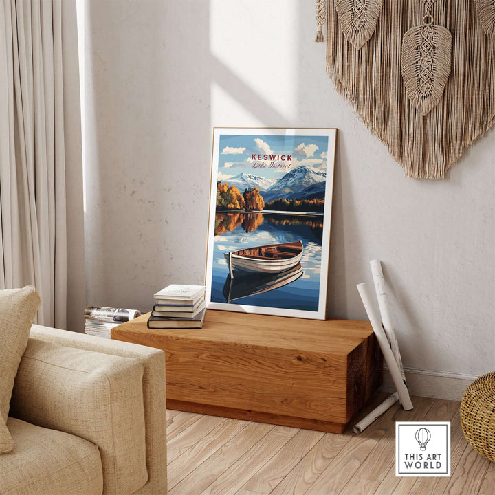 Keswick Print Lake District displayed in a cozy living room, showcasing a boat and stunning lake scenery.