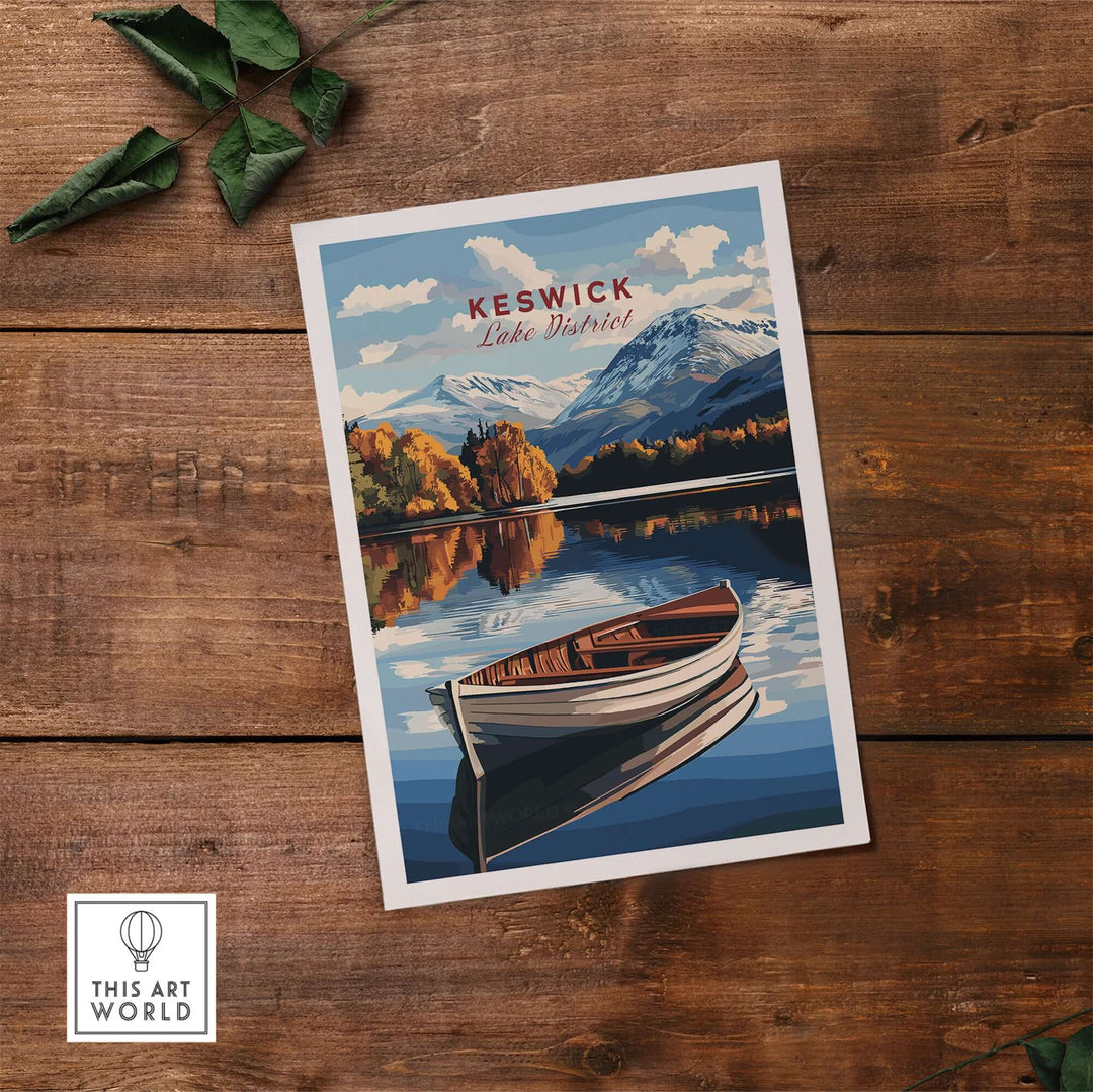 Keswick Print Lake District featuring a serene boat on calm waters surrounded by autumn colors and mountains.