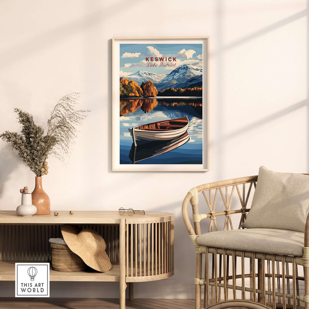 Keswick Print showcasing a serene lake view with a boat, surrounded by vibrant autumn colors and mountains.