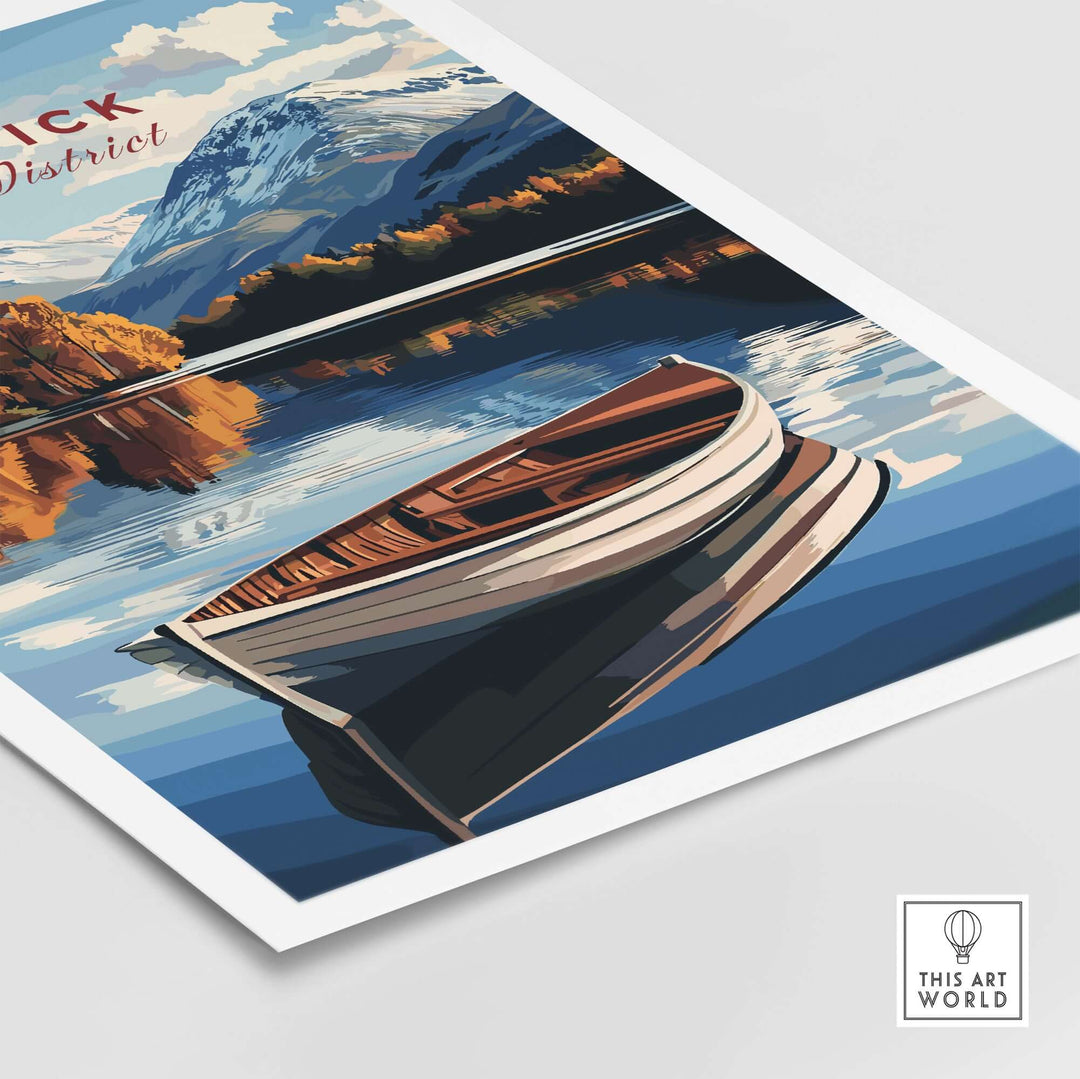 Keswick Print Lake District featuring a boat on serene waters, showcasing vibrant landscapes and peaceful scenery.