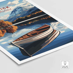 Keswick Print Lake District featuring a serene boat on the water with vibrant colors and stunning landscapes.