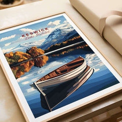 Keswick Print Lake District showcasing a boat on serene waters with vibrant autumn colors and mountains in the background.
