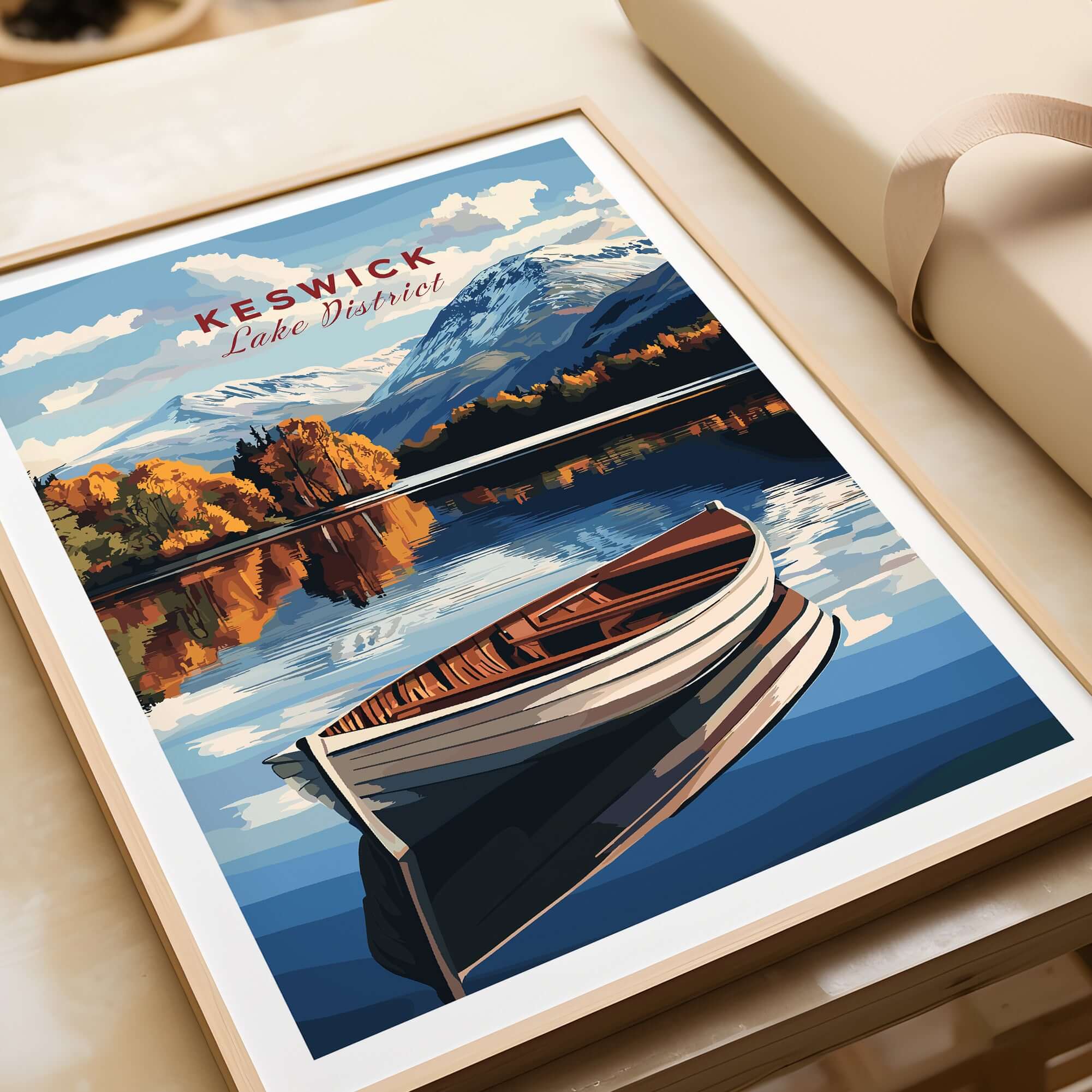 Keswick Print Lake District showcasing a boat on serene waters with vibrant autumn colors and mountains in the background.