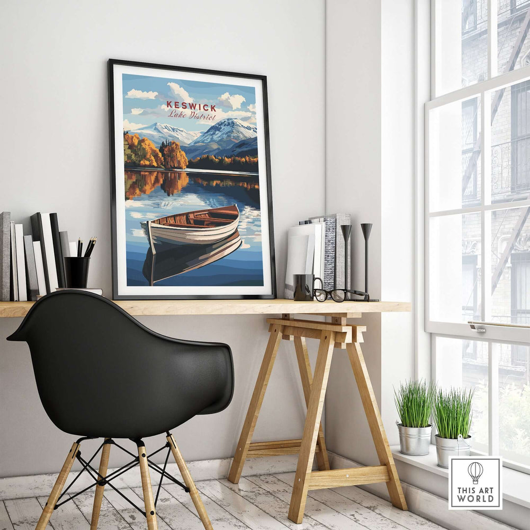 Framed Keswick Print of Lake District showing a serene boat on still water, ideal for home or office decor.