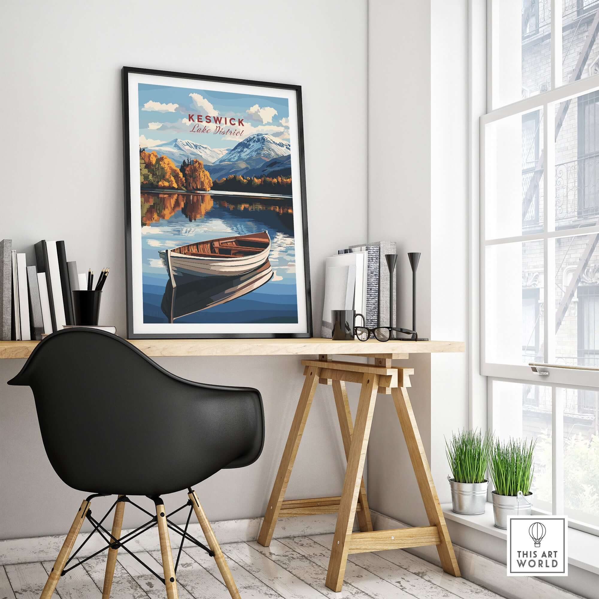 Keswick Print Lake District showcasing a picturesque boat scene in a serene office setting.