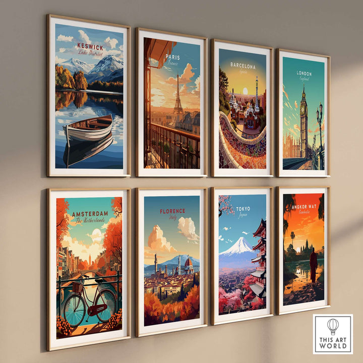 Gallery of vibrant travel prints including Keswick, Paris, Barcelona, and more, showcasing iconic landmarks and scenic views.