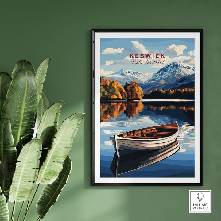 Keswick Print Lake District artwork featuring a serene boat on calm waters with vibrant landscapes in a modern frame.