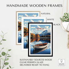Handmade wooden frames featuring the Keswick Print Lake District in natural, white, and black colors.
