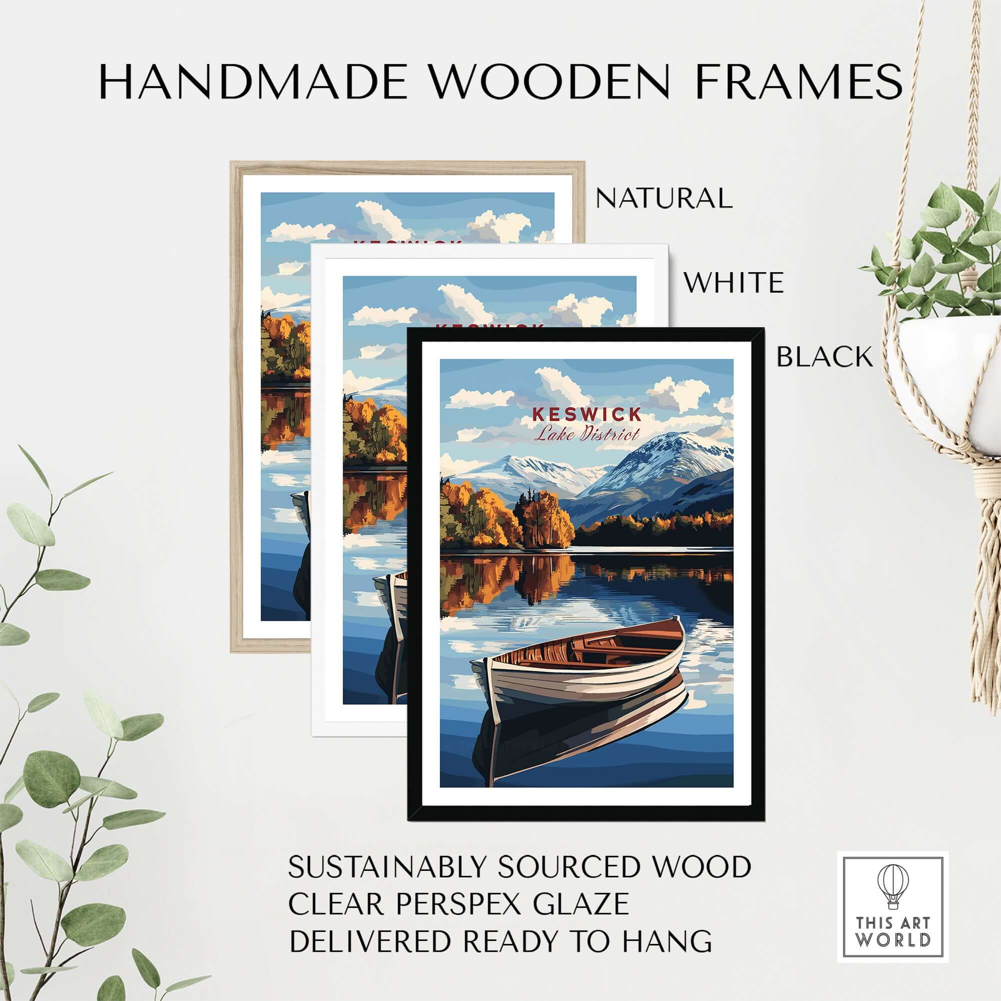 Handmade wooden frames featuring the Keswick Print Lake District in natural, white, and black colors.