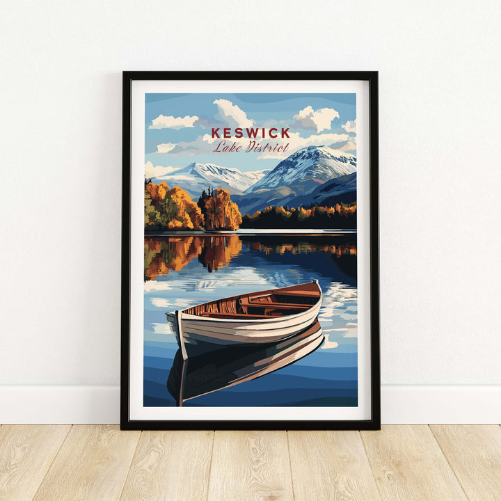 Keswick Print Lake District featuring a serene boat on a tranquil lake surrounded by mountains and autumn trees.