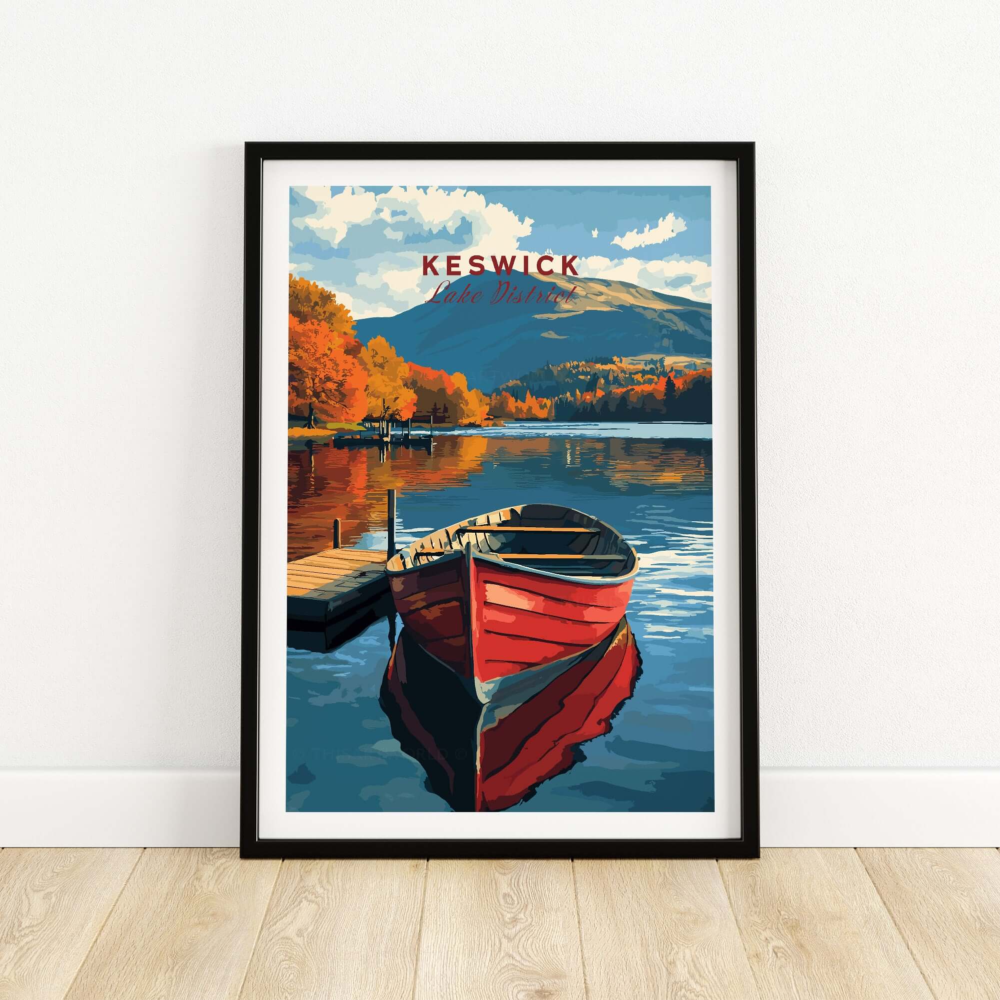 Keswick Print featuring a red boat on calm water with vibrant autumn colors and scenic Lake District mountains.