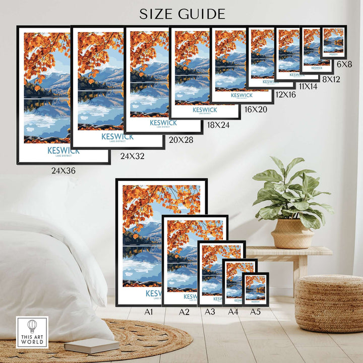 Keswick travel poster size guide showcasing various dimensions and autumn scenery in a stylish home setting.