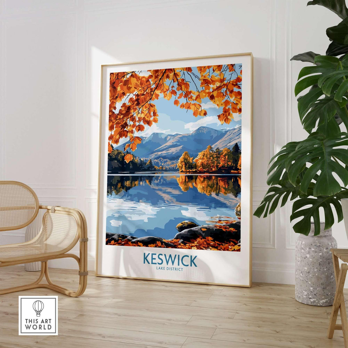 Keswick Travel Poster showcasing a serene autumn landscape in the Lake District with vibrant colors and peaceful reflections.