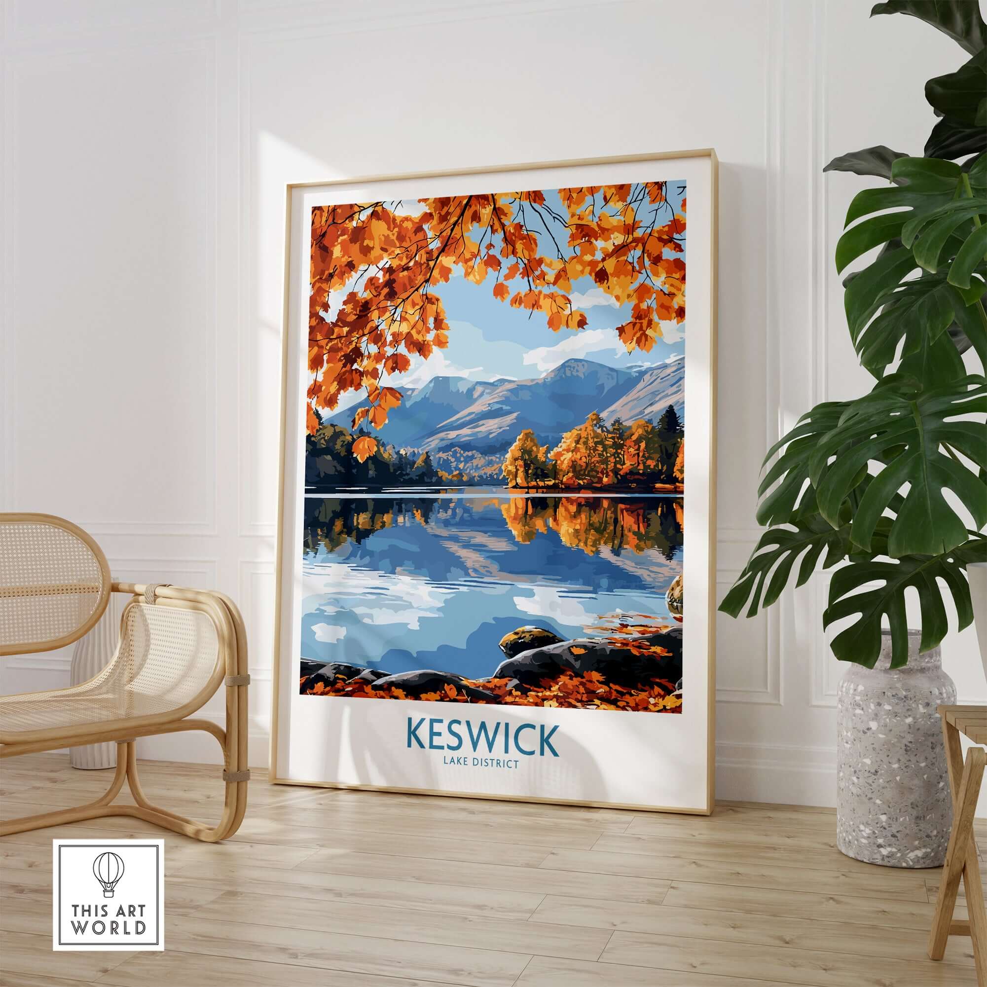 Keswick Travel Poster showcasing a serene autumn landscape in the Lake District with vibrant colors and peaceful reflections.