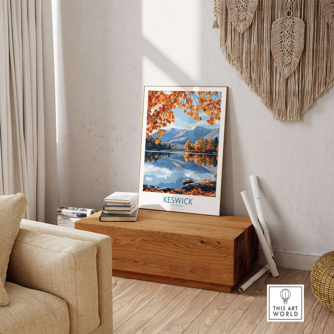 Keswick travel poster showcasing autumn scenery of Lake District, perfect for home decor and nature lovers.