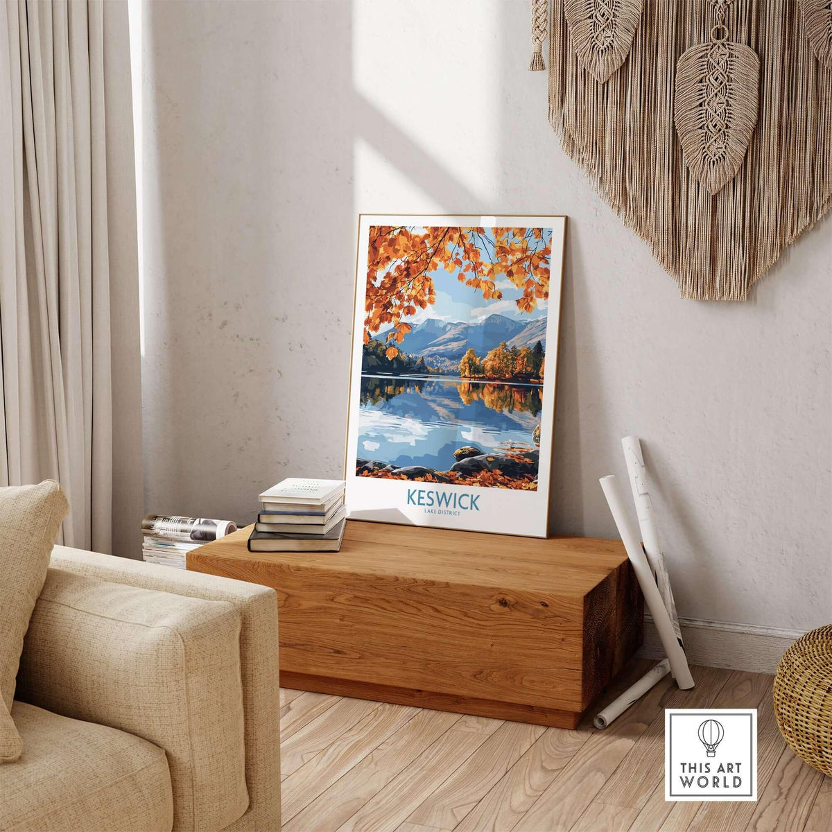 Keswick Travel Poster showcasing autumn scenery in the Lake District, placed in a cozy room setting.