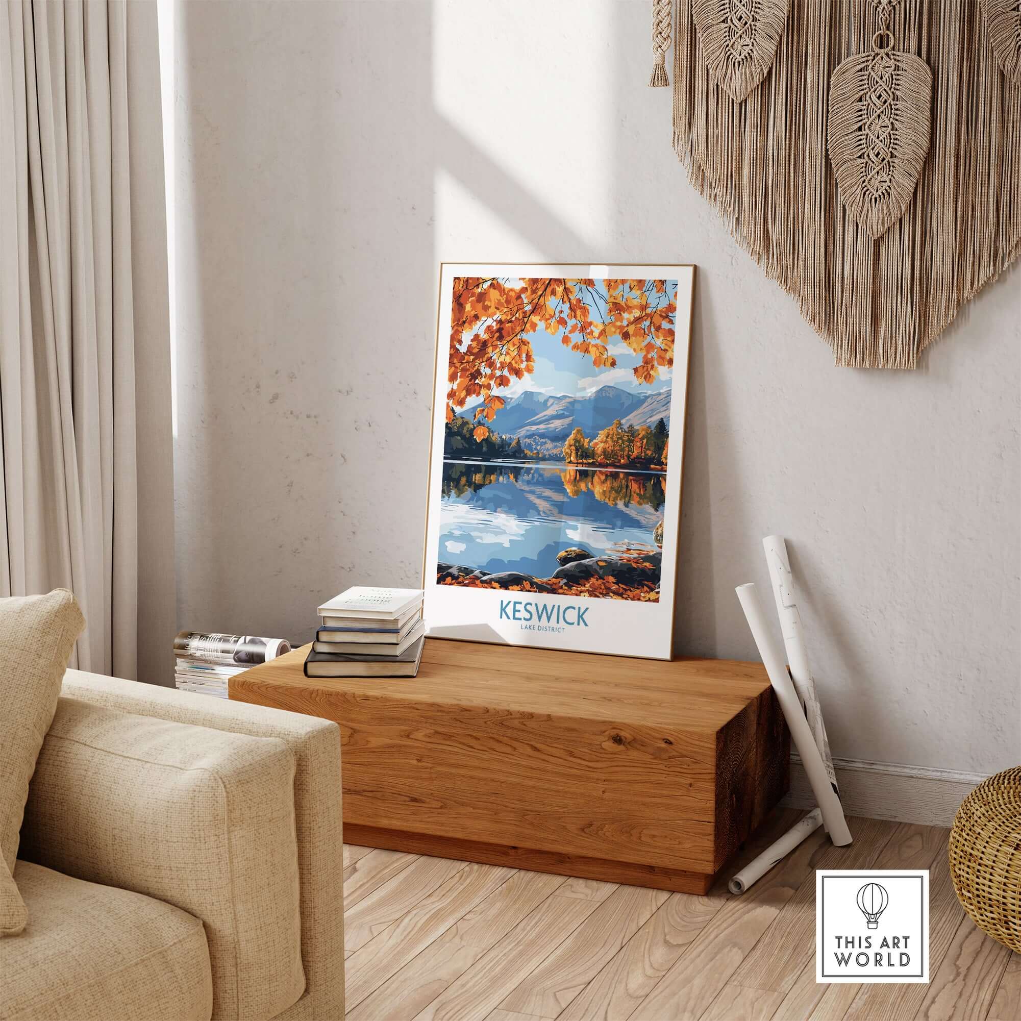 Keswick Travel Poster showcasing autumn scenery in the Lake District, placed in a cozy room setting.