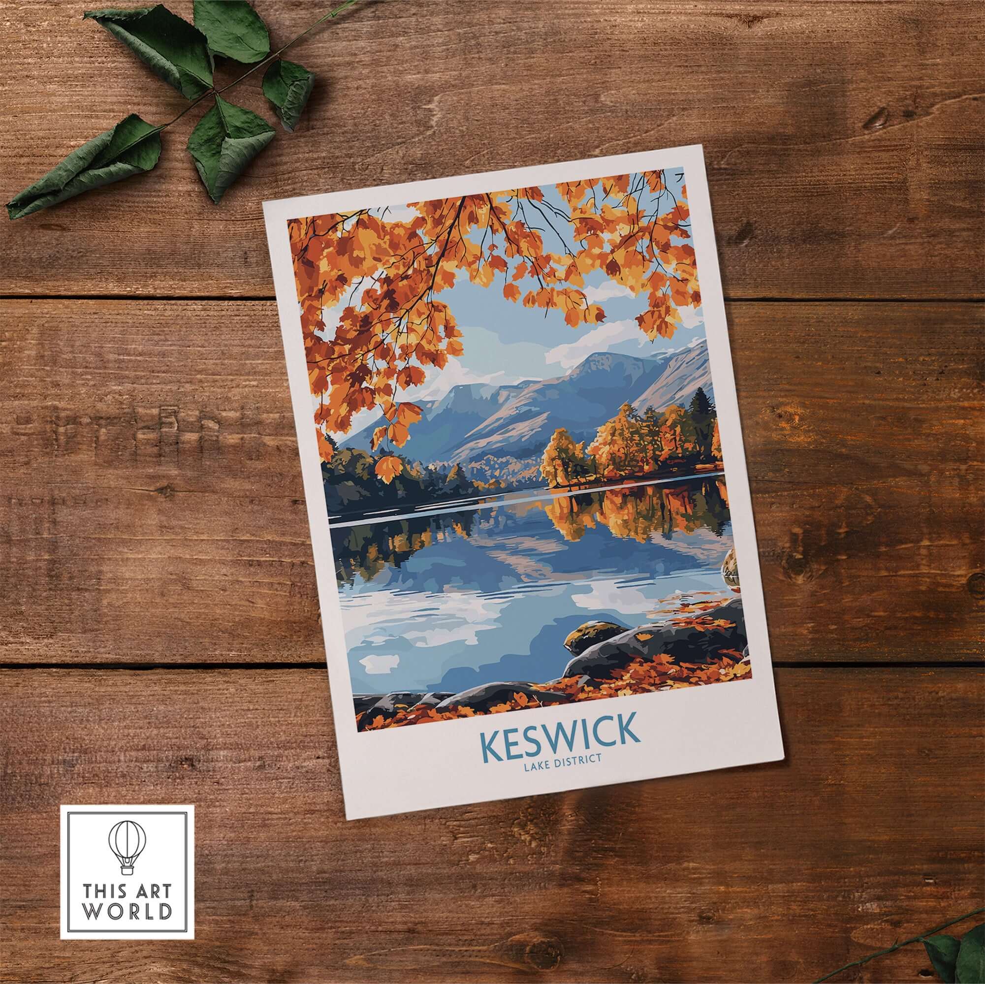 Keswick Travel Poster showcasing stunning autumn scenery of the Lake District with vibrant orange leaves.