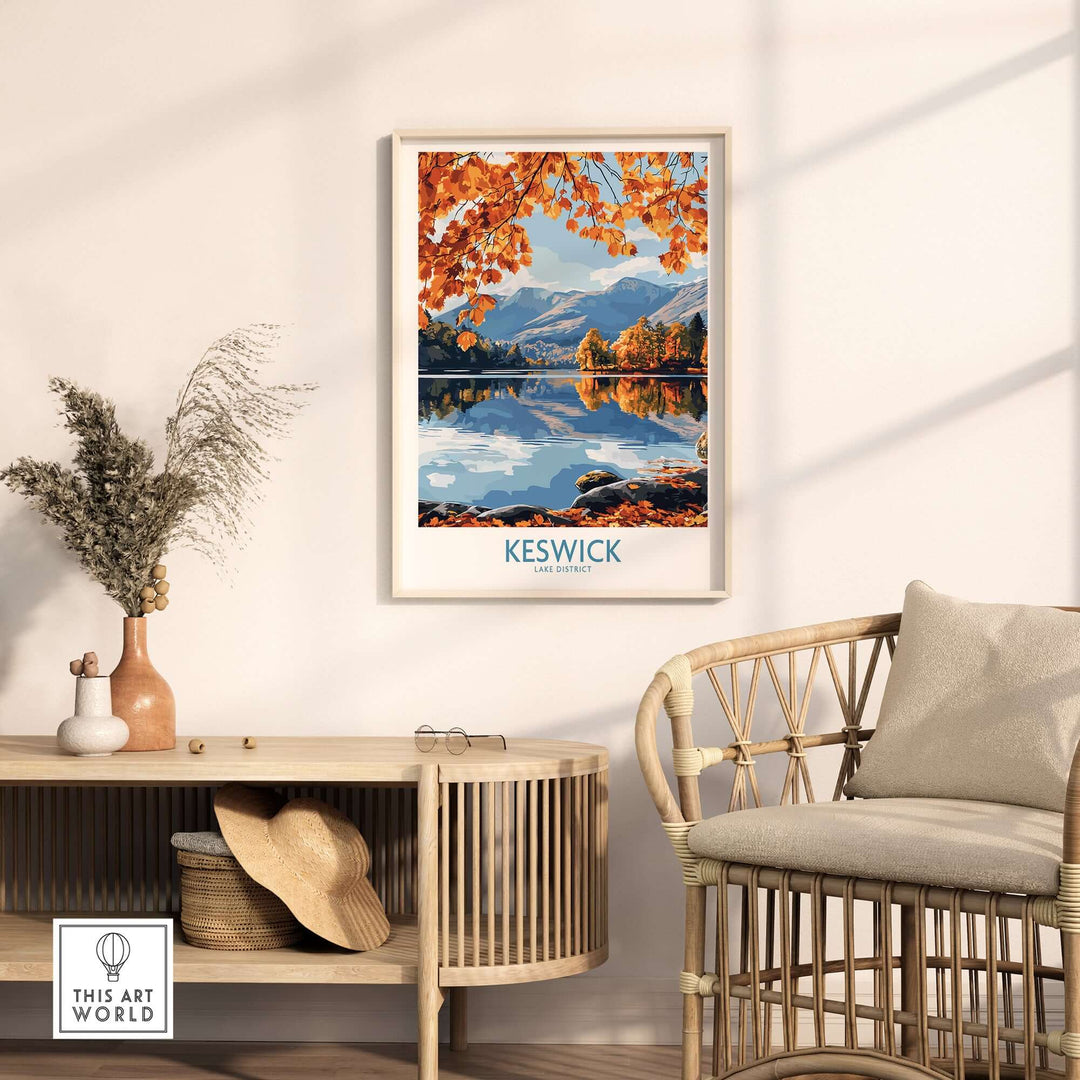 Keswick Travel Poster showcasing autumn scenery of Lake District, perfect for home decor.