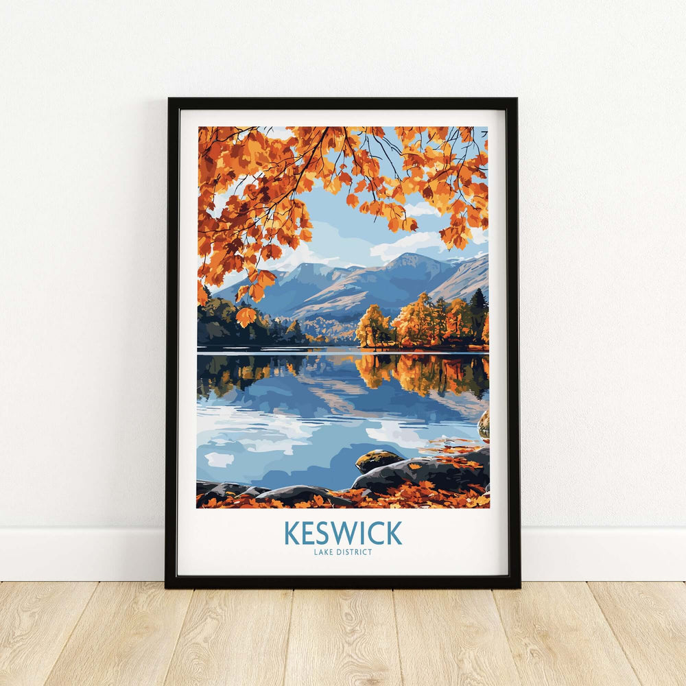 Keswick travel poster featuring autumn foliage and tranquil lake scenery in the Lake District.