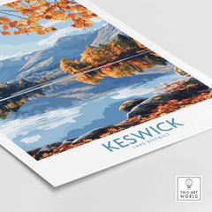 Keswick Travel Poster featuring autumn scenery of the Lake District with vibrant colors and tranquil lake reflections.