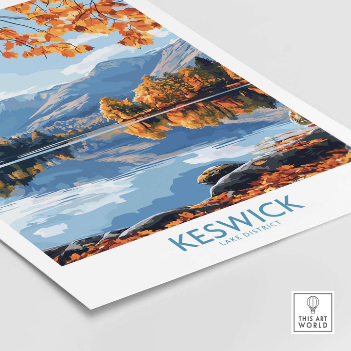 Keswick Travel Poster showcasing autumn scenery in the Lake District with vibrant colors and tranquil waters.