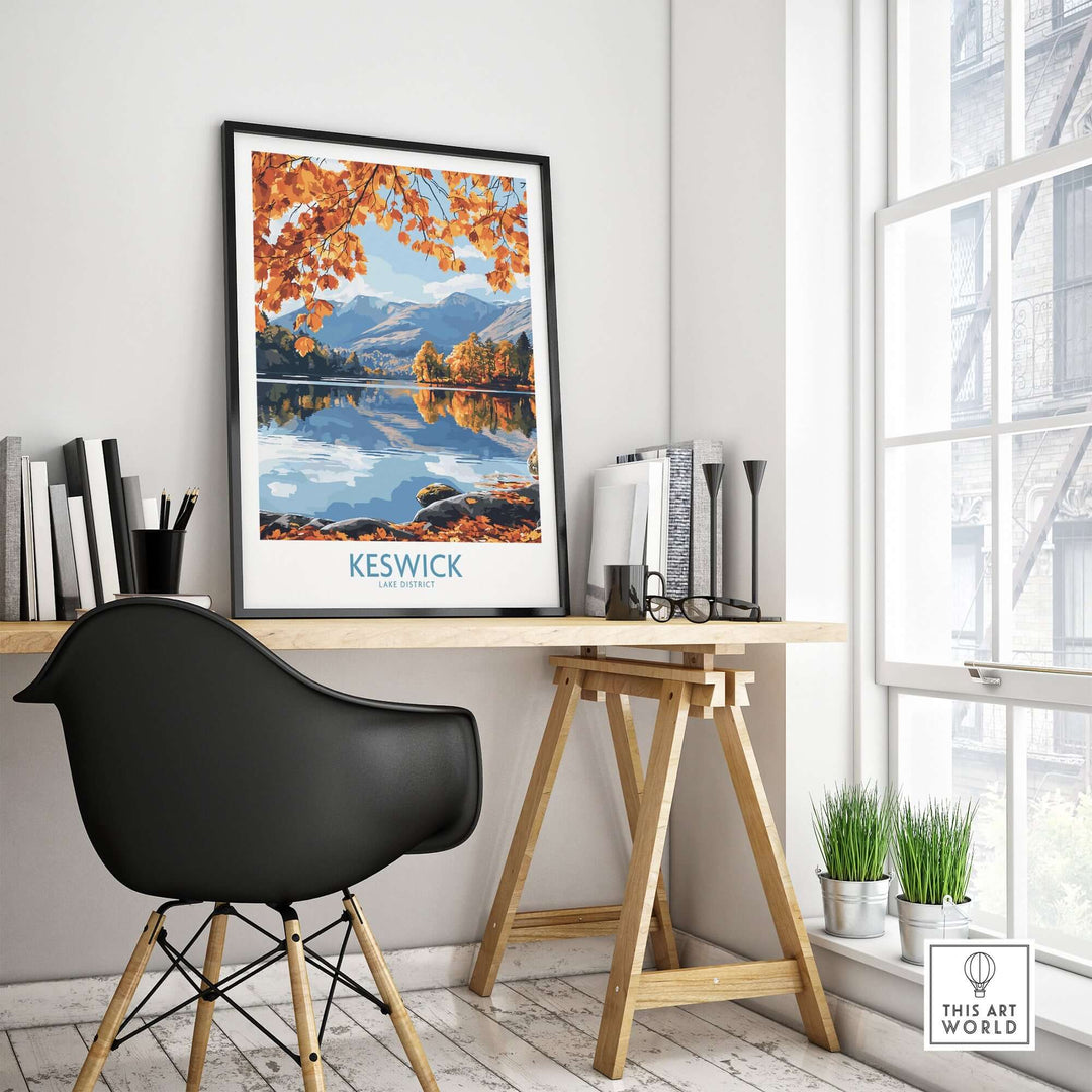 Keswick travel poster showcasing autumn colors and lake scenery, enhancing home decor with nature's beauty.