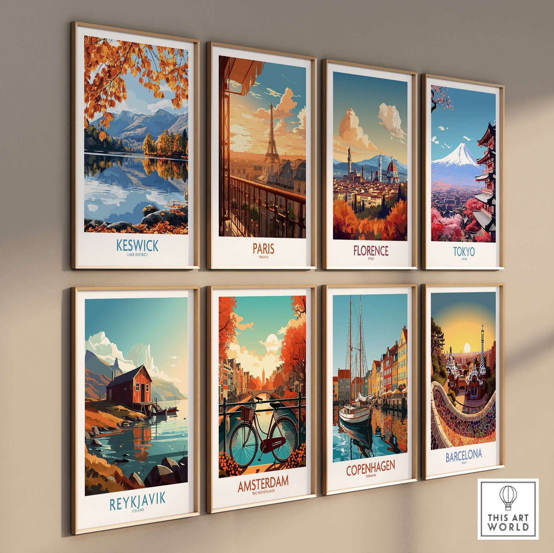 Collection of travel posters including Keswick, Paris, Florence, Tokyo, Reykjavik, Amsterdam, Copenhagen, and Barcelona.