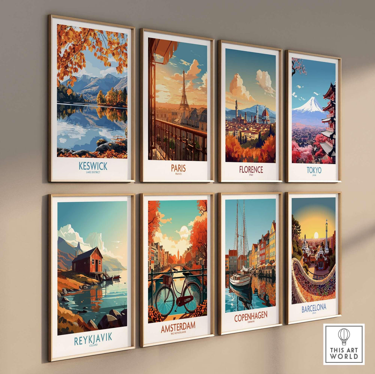 Keswick Travel Poster showcased among other city travel posters on a stylish wall display.
