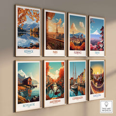 Keswick Travel Poster showcased among other city travel posters on a stylish wall display.