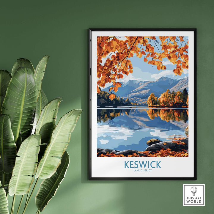 Keswick Travel Poster featuring autumn leaves and serene lake views in the Lake District, perfect for home decor.