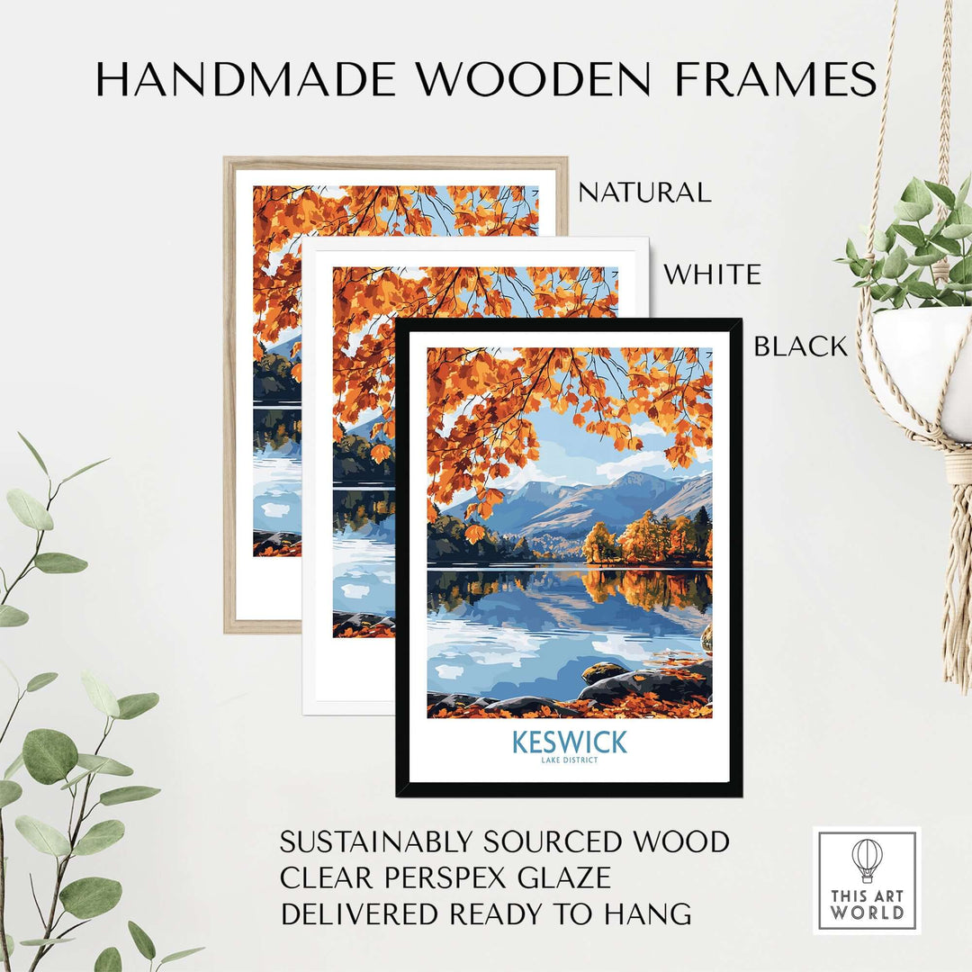 Three handmade wooden frames featuring the Keswick travel poster in natural, white, and black finishes.