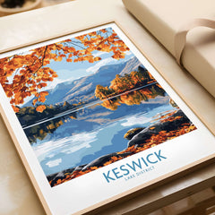 Keswick Travel Poster showcasing autumn scenery in the Lake District with vibrant fall colors and serene lake reflection.