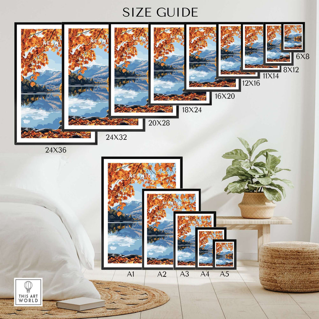 Size guide for Keswick Travel Print showing various frame sizes in a cozy interior setting.