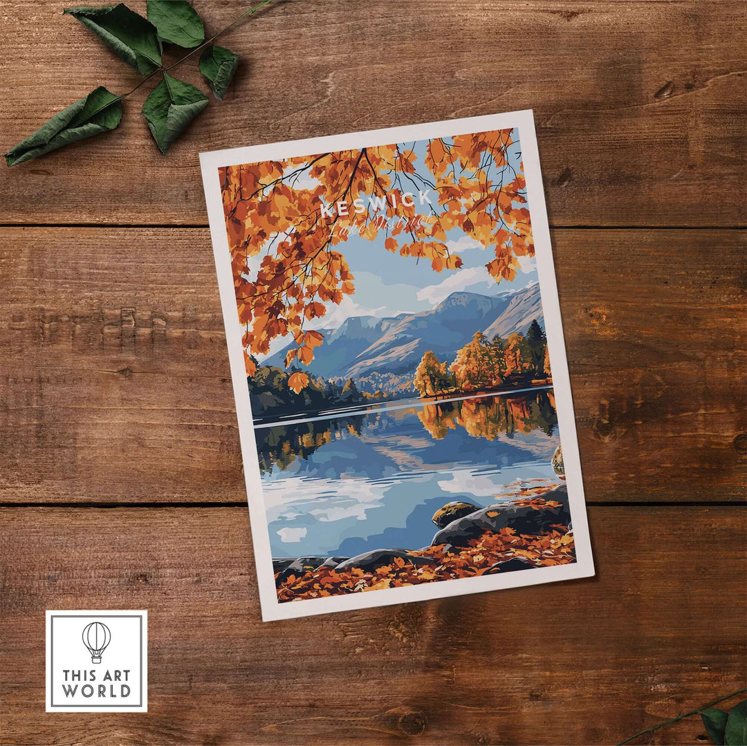 Keswick Travel Print showcasing autumn colors and serene Lake District landscape on rustic wooden background.